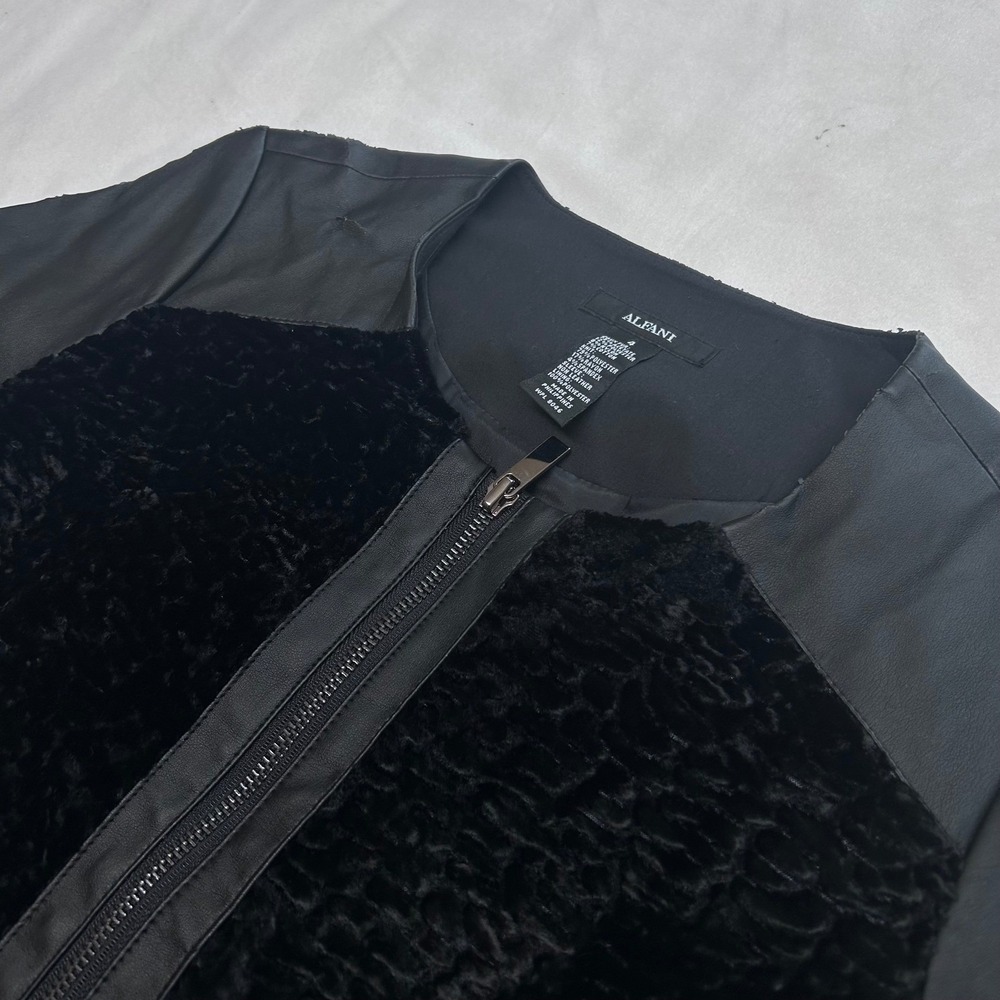 Alfani Womens Black Faux Fur Leather Mixed Media Zip Up Jacket Size 4 WPL 8046